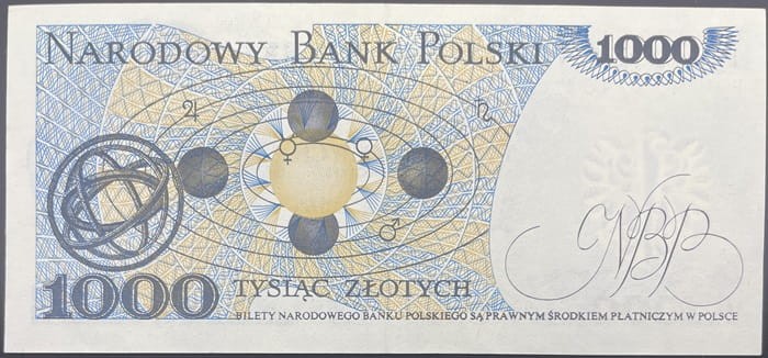 Banknot PRL 1000 zł Mikołaj Kopernik 1982 stan 2 rewers