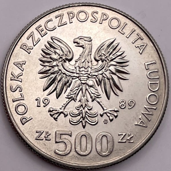 Moneta 500zl 50 rocznica wojny obronnej rewers 1989 awers