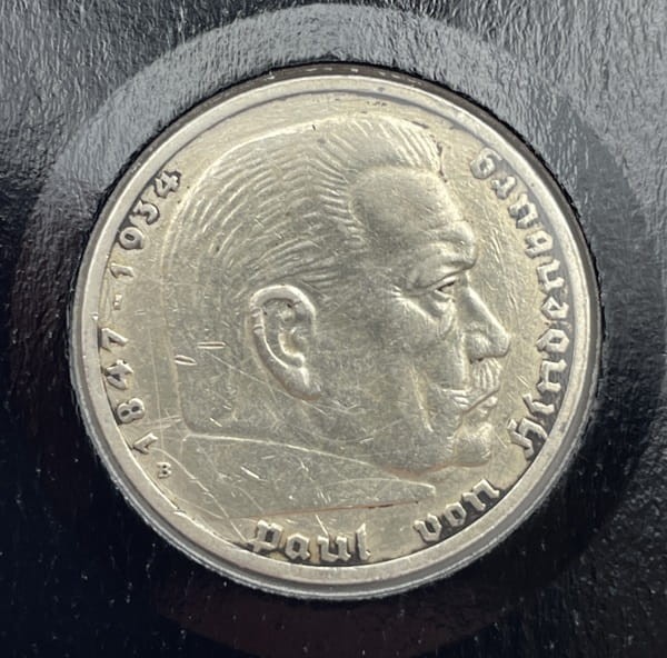 Moneta 5 marki 1939 r. B Hindenburg rewers