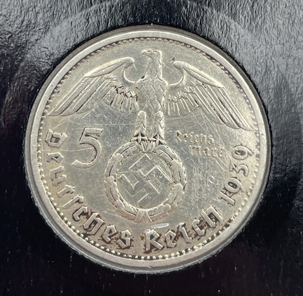 Moneta 5 marki 1939 r. B Hindenburg awers