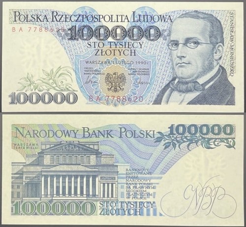 Banknot PRL 100000 zł 1990 Moniuszko 1990 stan 1