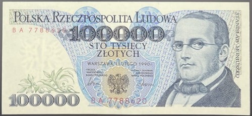 Banknot PRL Banknot 100000 zł 1990 Moniuszko stan 1 awers
