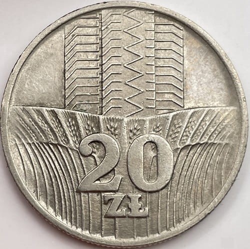 Moneta 20 złotych Wieżowiec i Kłosy 1973 r. rewers