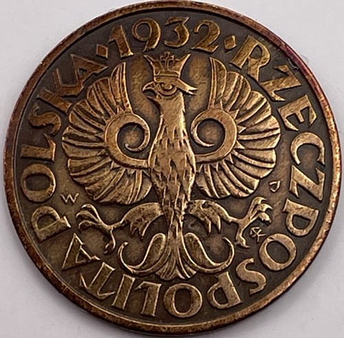 Moneta 2 grosze 1932 r. rewers