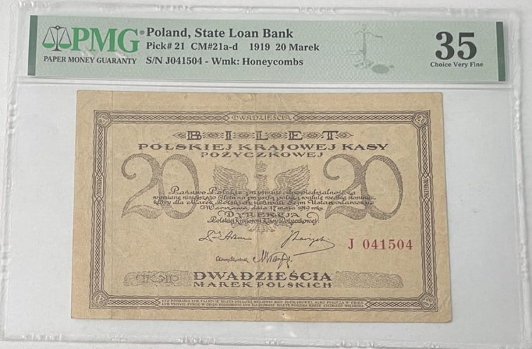 Banknot 20 marek 1919 r. PMG 35 rewers