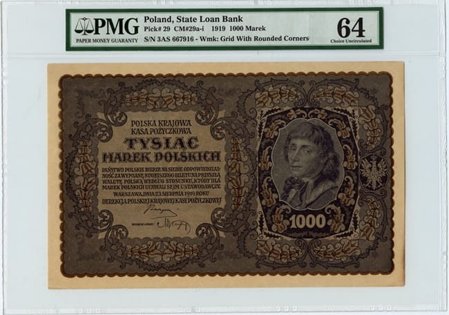 Banknot 1000 marek 1919 r. PMG 64 rewers