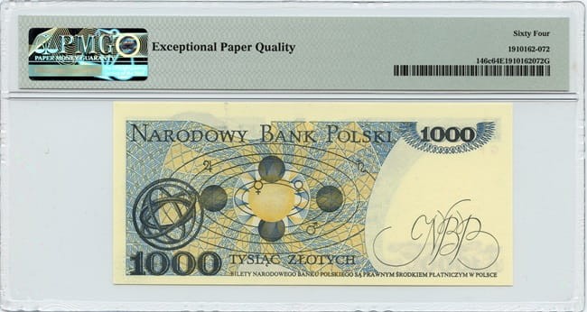Banknot PRL 1000 złotych 1982 PMG 64EPQ rewers