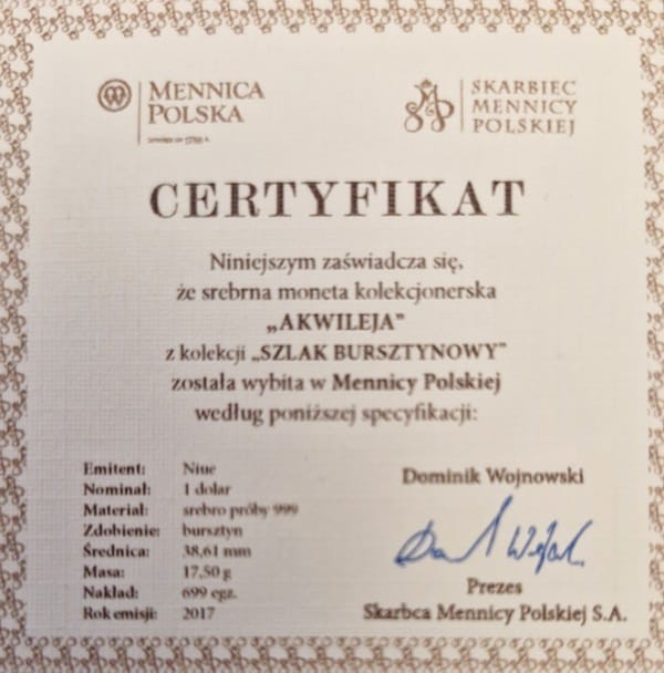 Moneta 1 dolar Szlak bursztynowy Akwileja 2017 r. certyfikat