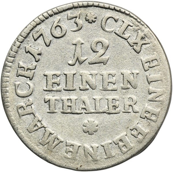 Moneta 1/12 talara dwugrosz 1763 r. Fryderyk Chrystian rewers