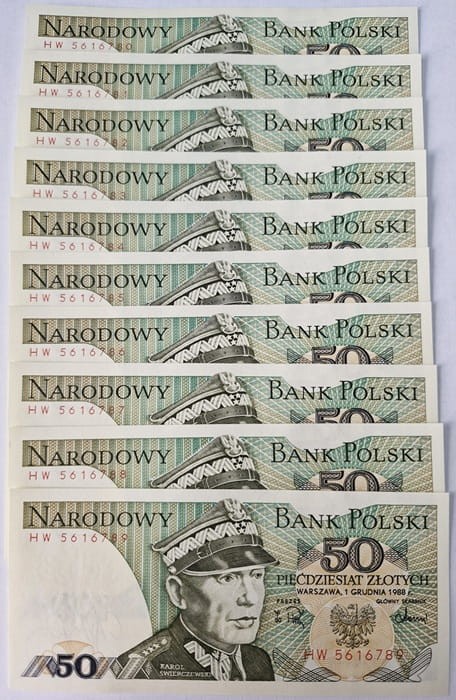 50 zł Świerczewski UNC 1988 r. 10 kolejnych