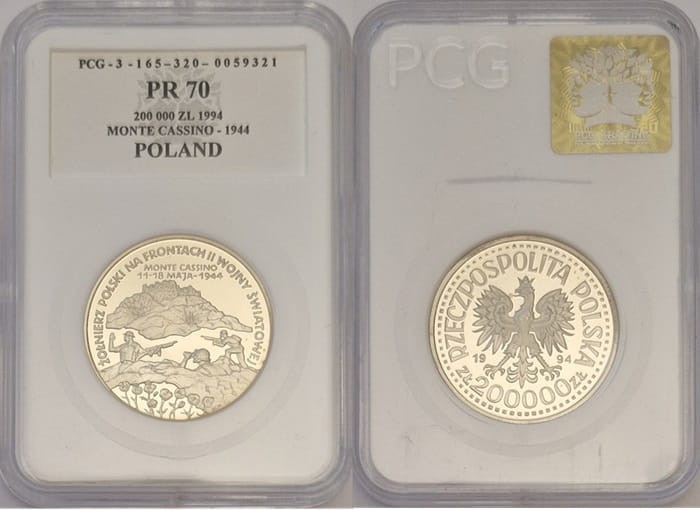 Moneta kolekcjonerska 200000 zł Monte Cassino 1994 grading