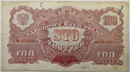 Banknot 100 zł 1944 seria lubelska awers