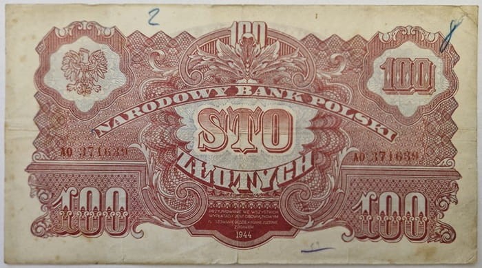 Banknot 100 zł 1944 seria lubelska awers