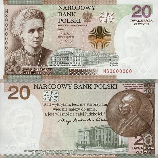 Banknot 20 zł 100. rocz. nagrody Nobla Maria Skłodowska-Curie 2011