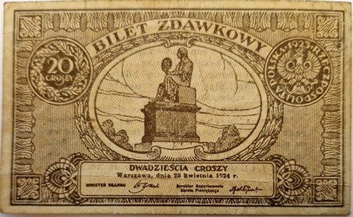 Banknot 20 gr 1924 bilet zdawkowy awers
