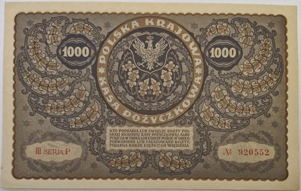 Banknot 1000 marek 1919 r. stan 1 rewers