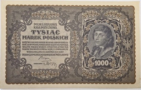 Banknot 1000 marek 1919 r. stan 1 awers