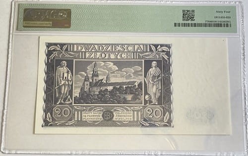 Banknot 20 złotych 1936 r. PMG rewers