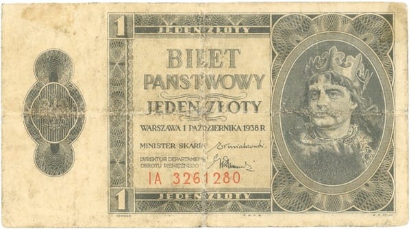 Banknot 1 zł 1938 Bolesław Chrobry rewers