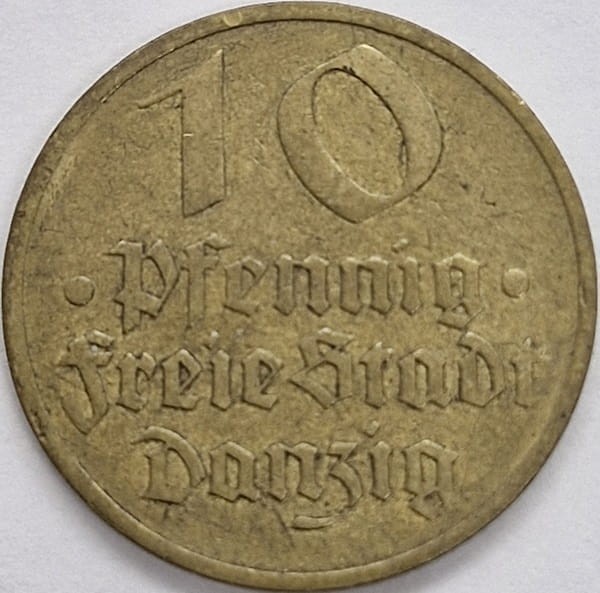 Moneta 10 fenigów 1932 stan 3 Wolne Miasto Gdańsk  awers