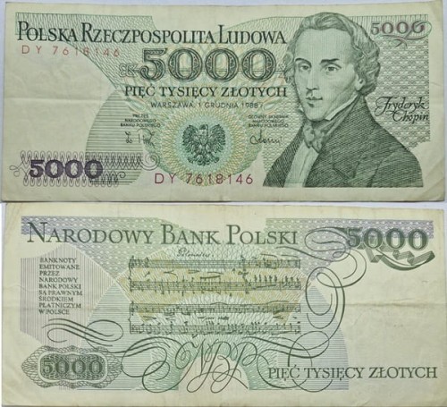 Banknot 5000 zł Fryderyk Chopin 1988 stan 3