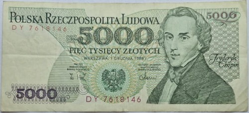Banknot 5000 zł Fryderyk Chopin 1988 stan 3 awers