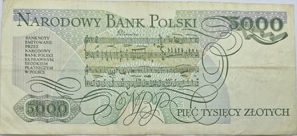 Banknot 5000 zł Fryderyk Chopin 1988 stan 3 rewers