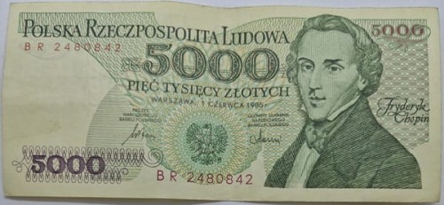 Banknot 5000 zł 1986 Fryderyk Chopin stan 2 awers