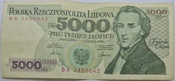 Banknot 5000 zł 1986 Fryderyk Chopin stan 2 awers