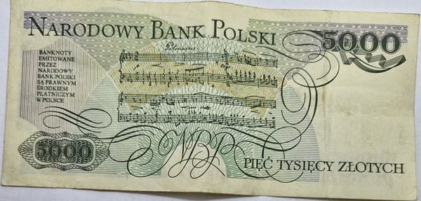 Banknot 5000 zł 1986 Fryderyk Chopin stan 2 rewers