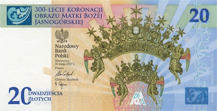 Banknot 20 zł 300-lecie koronacji obrazu Matki Bożej Jasnogórskiej 2017 awers