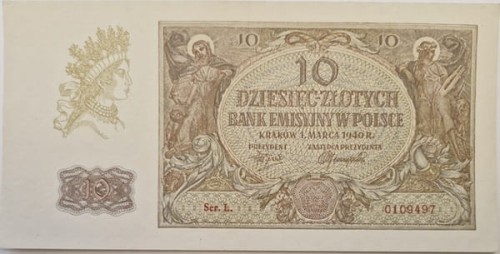 Banknot 10 złotych 1940 awers