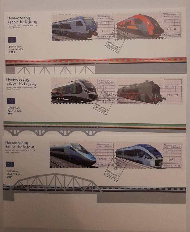 Koperty FDC zestaw Nowoczesny tabor kolejowy 2021
