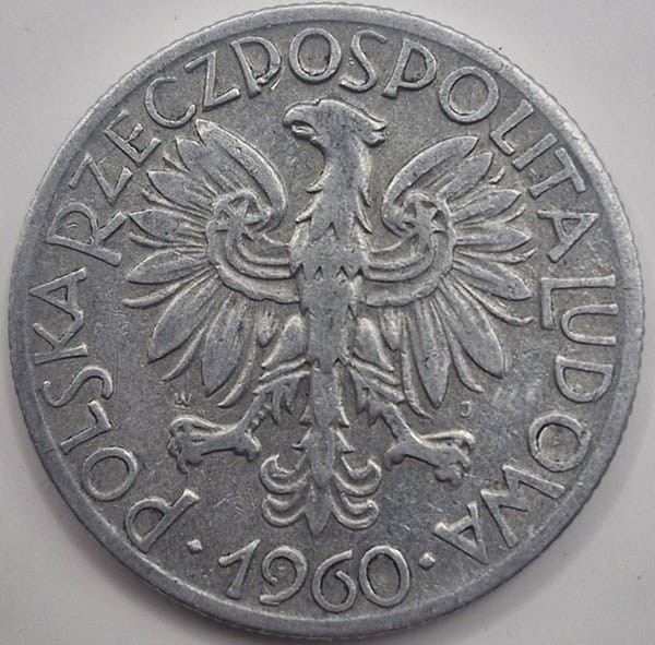 Moneta 5 zł Rybak 1960 stan 3 awers