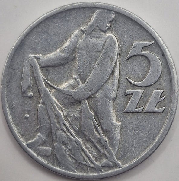 Moneta 5 zł Rybak 1960 stan 3 rewers