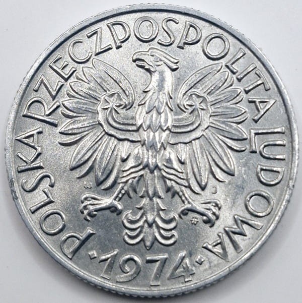 Moneta 5 zł Rybak 1974 stan 2 awers