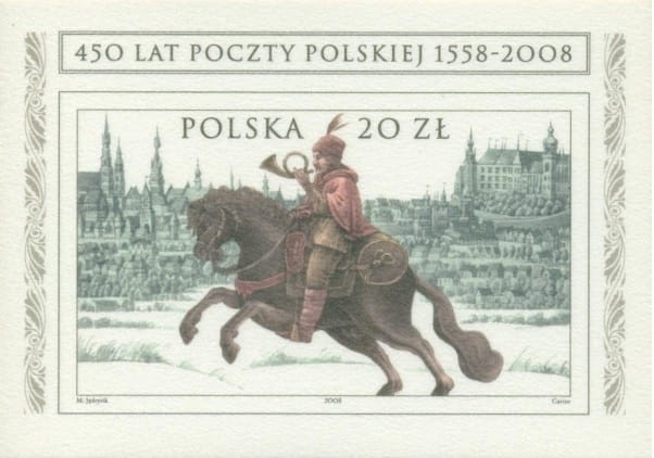 Znaczek 450 lat Poczty Polskiej Blok jedwab 2008 r.