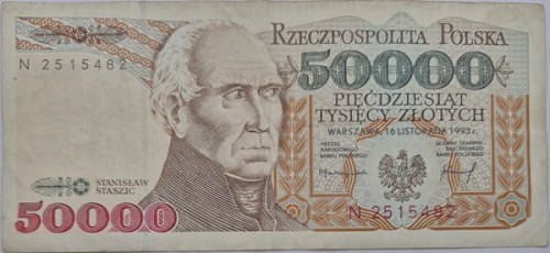Banknot 50000 zł 1993 stan 3 awers