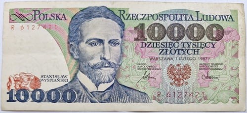 Banknot 10000 zł 1987 Stanisław Wyspiański stan 3 awers