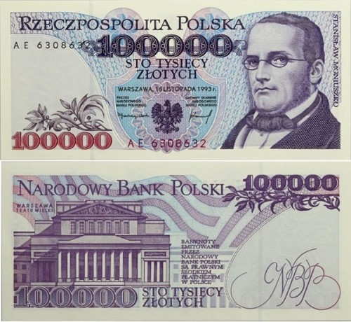 Banknot PRL 100000 zł Moniuszko 1993 stan 1