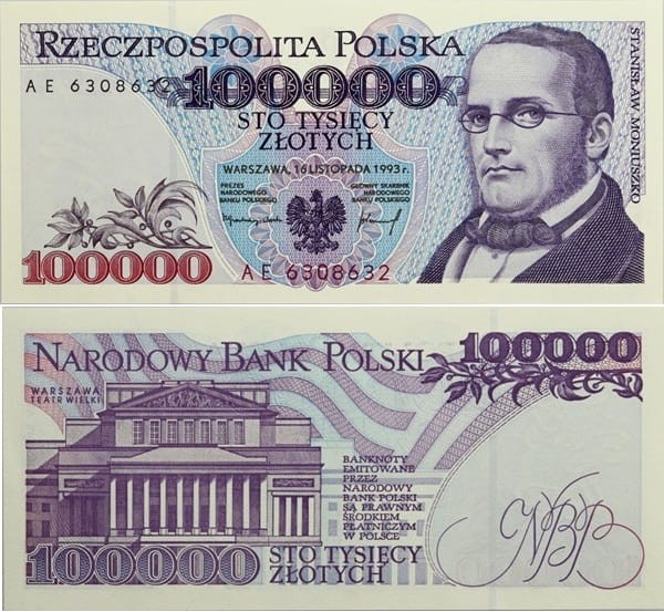 Banknot PRL 100000 zł Moniuszko 1993 stan 1