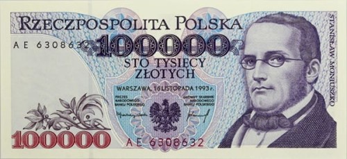 Banknot PRL 100000 zł Moniuszko 1993 awers