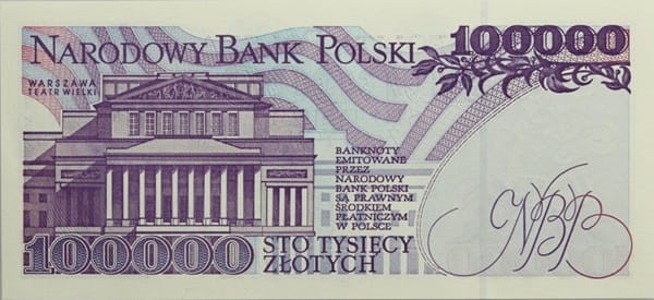 Banknot PRL 100000 zł Moniuszko 1993 rewers
