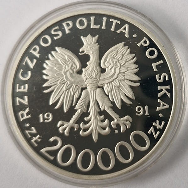 Moneta 200 000 zł Leopold Okulicki Niedźwiadek 1991 awers
