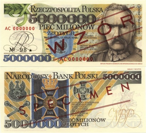 Banknot 5000000 zł Józef Piłsudski 1995 UNC replika