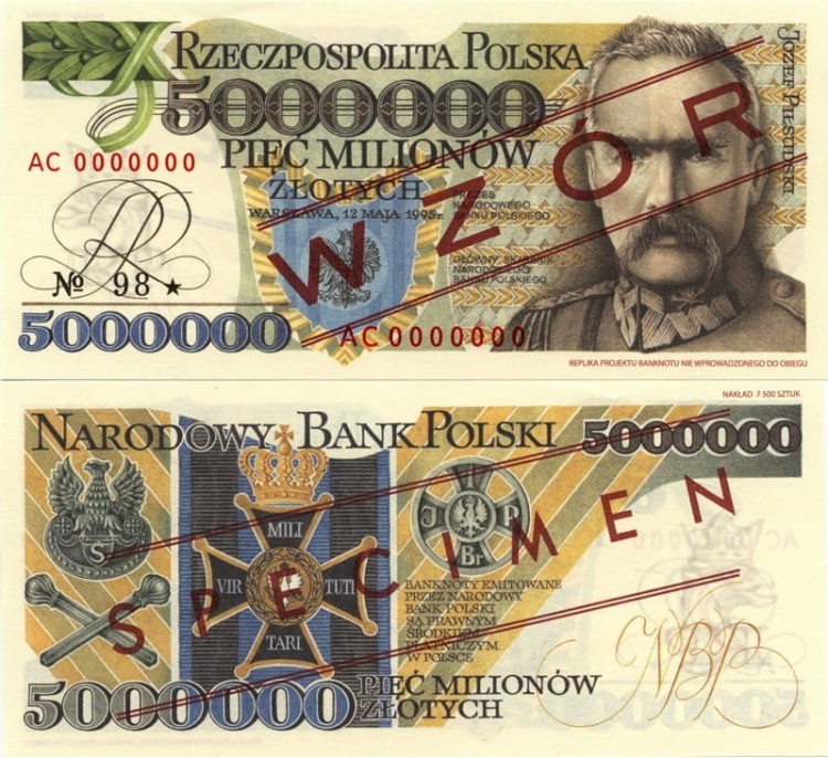 Banknot 5000000 zł Józef Piłsudski 1995 UNC replika