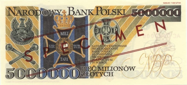 Banknot 5000000 zł Józef Piłsudski 1995 UNC replika rewers