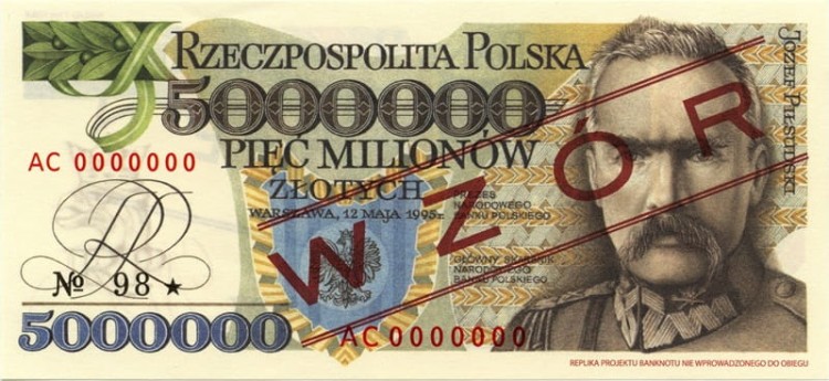 Banknot 5000000 zł Józef Piłsudski 1995 UNC replika awers