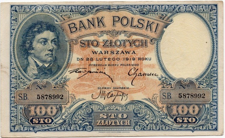 Banknot 100 zł Kościuszko 1919 rewers