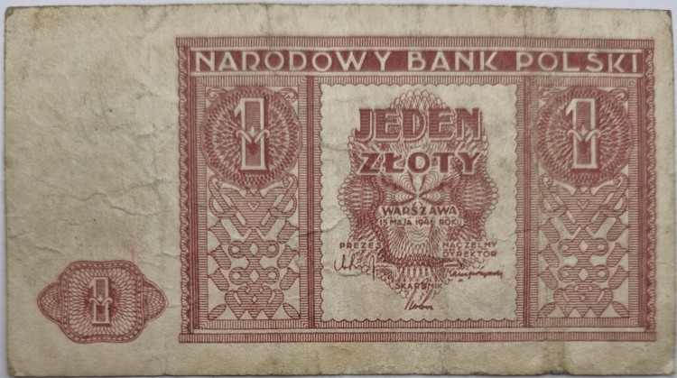 Banknot 1 złoty 1946 stan 3 awers